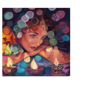 A vibrant painting of a woman in peaceful contemplation, surrounded by glowing lamps and abstract bursts of color, creating a serene and captivating atmosphere.