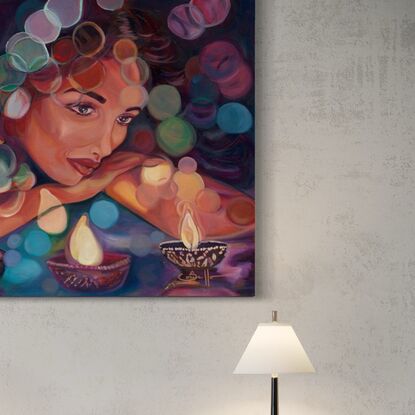 A vibrant painting of a woman in peaceful contemplation, surrounded by glowing lamps and abstract bursts of color, creating a serene and captivating atmosphere.