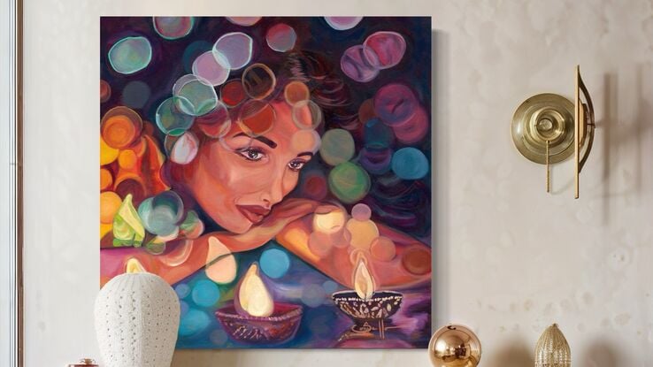 A vibrant painting of a woman in peaceful contemplation, surrounded by glowing lamps and abstract bursts of color, creating a serene and captivating atmosphere.