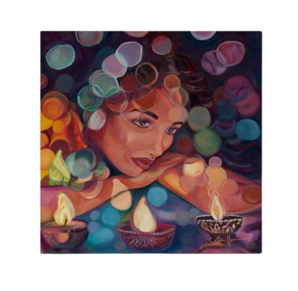 A vibrant painting of a woman in peaceful contemplation, surrounded by glowing lamps and abstract bursts of color, creating a serene and captivating atmosphere.