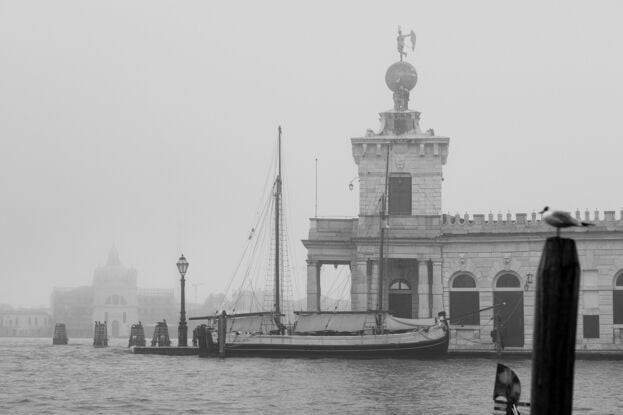 Foggy photo of the Grand Canal in Venice with a sail boat docked in the distance and a seagull perched on a timber post 