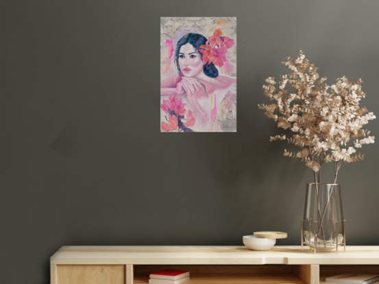 A serene painting of a woman adorned with vibrant pink bougainvillaea flowers is displayed in an elegant, calming space, enhancing the tranquil ambiance with its soft colors and contemplative mood.