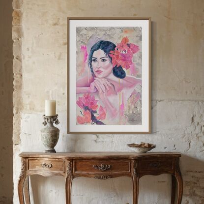 A serene painting of a woman adorned with vibrant pink bougainvillaea flowers is displayed in an elegant, calming space, enhancing the tranquil ambiance with its soft colors and contemplative mood.