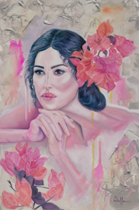 A serene painting of a woman adorned with vibrant pink bougainvillaea flowers is displayed in an elegant, calming space, enhancing the tranquil ambiance with its soft colors and contemplative mood.