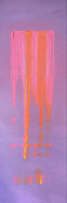 A vertical acrylic artwork featuring a soft lilac background with a vibrant central stripe of blended pink, orange, and gold hues. The colors appear to cascade down the canvas in organic, textured strokes, created by dragging paint with a flat surface. The contrast between the calm lilac and the energetic colors evokes a sense of balance and movement.