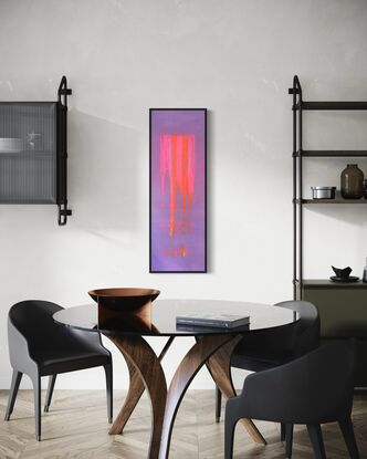 A vertical acrylic artwork featuring a soft lilac background with a vibrant central stripe of blended pink, orange, and gold hues. The colors appear to cascade down the canvas in organic, textured strokes, created by dragging paint with a flat surface. The contrast between the calm lilac and the energetic colors evokes a sense of balance and movement.