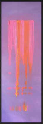 A vertical acrylic artwork featuring a soft lilac background with a vibrant central stripe of blended pink, orange, and gold hues. The colors appear to cascade down the canvas in organic, textured strokes, created by dragging paint with a flat surface. The contrast between the calm lilac and the energetic colors evokes a sense of balance and movement.