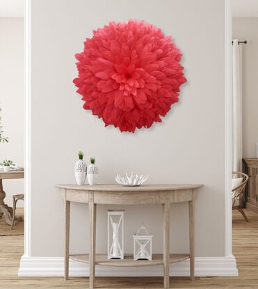 coral red feather wall hanging juju hat