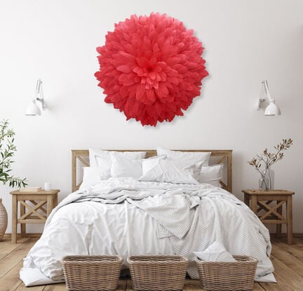 coral red feather wall hanging juju hat