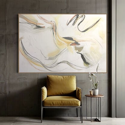 Subtle tones in green, pale blue,  white, grey, black, beige and neutral tones combined with large expressive pencil and paint marks, across the canvas surface. 