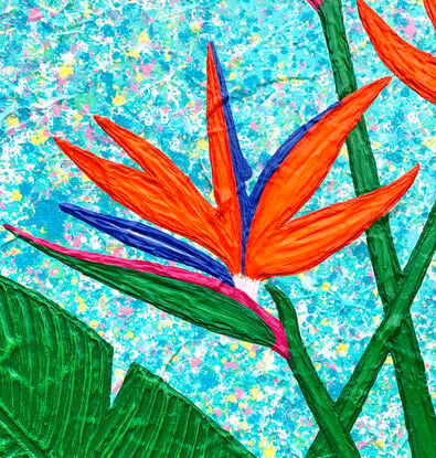 bird of paradise flowers on a sky blue background