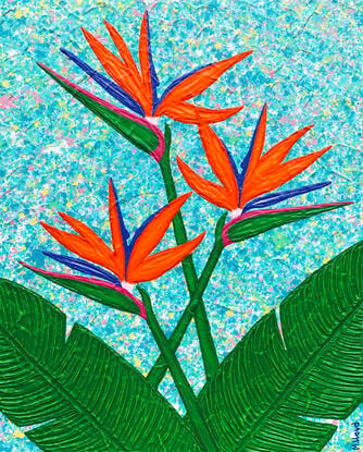 bird of paradise flowers on a sky blue background