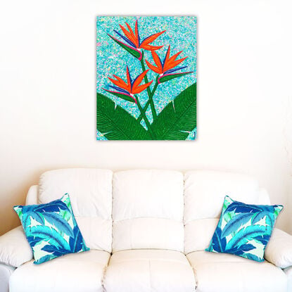 bird of paradise flowers on a sky blue background