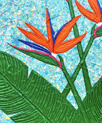 bird of paradise flowers on a sky blue background