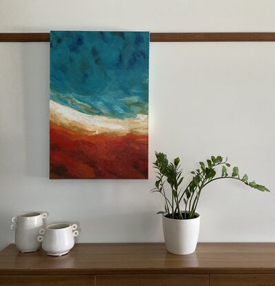 Here I have enjoyed creating the beautiful green waters along the west coast of Australia, in comparison to the almost orange sands, a simplistic painting. I have given the impression of movement below the waters by adding a deep blue in the corner of the canvas, reminding me of the beautiful creatures that swim in our waters.