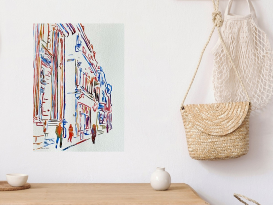 This elegant watercolour, titled Urban Times, depicts a bustling city street through a minimalist, line-driven composition. The artist uses vibrant strokes of blue, red, orange, and yellow to outline the architectural details of buildings and street life, creating a dynamic and fluid interpretation of urban life. The figures walking along the sidewalk add a subtle narrative, while the focus on the structural elements of the buildings emphasizes the interplay of geometry and movement. This artwork beautifully captures the energy of a cityscape in a uniquely modern, linear style.