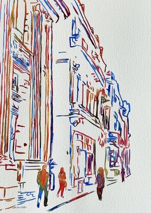 This elegant watercolour, titled Urban Times, depicts a bustling city street through a minimalist, line-driven composition. The artist uses vibrant strokes of blue, red, orange, and yellow to outline the architectural details of buildings and street life, creating a dynamic and fluid interpretation of urban life. The figures walking along the sidewalk add a subtle narrative, while the focus on the structural elements of the buildings emphasizes the interplay of geometry and movement. This artwork beautifully captures the energy of a cityscape in a uniquely modern, linear style.