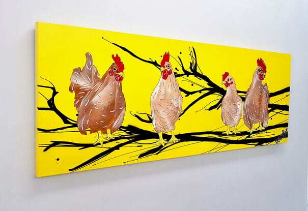 4 chickens sitting on a branch colourful