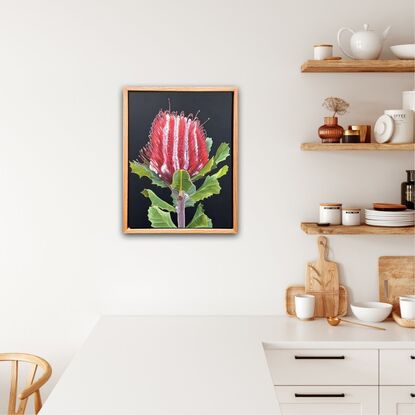 A vibrant red Banksia flower with rich green leaves is set against a dark background, framed by a warm wooden border, highlighting the natural beauty and bold colours of the native Australian flora.