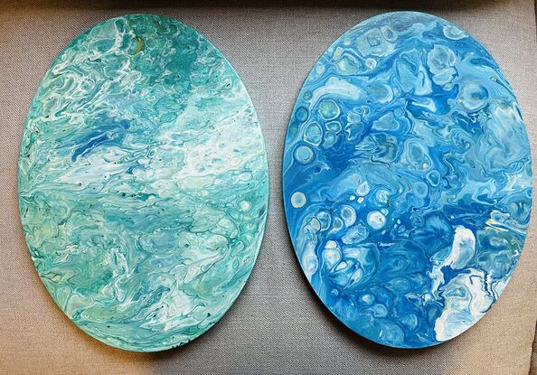 Elemental pieces of the earth and ocean, a connectedness to nature and our truest being.

Size is for each 30x40cm elliptical canvas. Would look nice as is or with white canvas