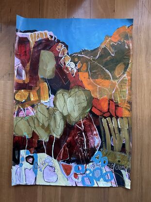 An abstract painting of rocky hills, dry stoney ground, with trees and sky. 