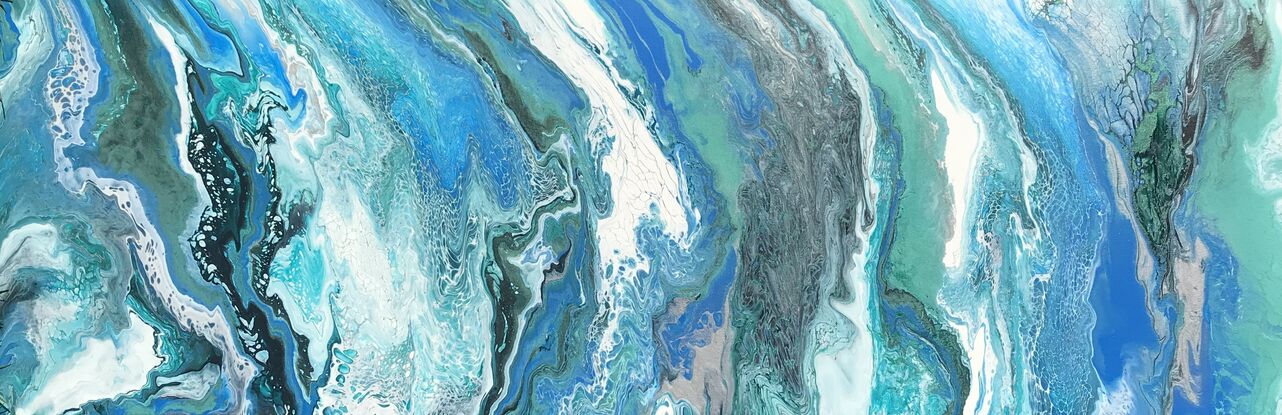 Various hues of blues/jade/white moving across the canvas  representing the dynamic movement of coastal waves through a series of flowing lines. The colours transition smoothly from deep blues to lighter blues and metallic jade creating a sense of depth and motion.