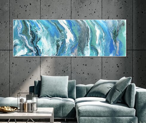 Various hues of blues/jade/white moving across the canvas  representing the dynamic movement of coastal waves through a series of flowing lines. The colours transition smoothly from deep blues to lighter blues and metallic jade creating a sense of depth and motion.