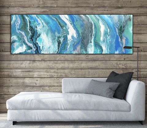 Various hues of blues/jade/white moving across the canvas  representing the dynamic movement of coastal waves through a series of flowing lines. The colours transition smoothly from deep blues to lighter blues and metallic jade creating a sense of depth and motion.