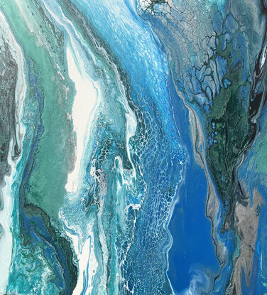 Various hues of blues/jade/white moving across the canvas  representing the dynamic movement of coastal waves through a series of flowing lines. The colours transition smoothly from deep blues to lighter blues and metallic jade creating a sense of depth and motion.