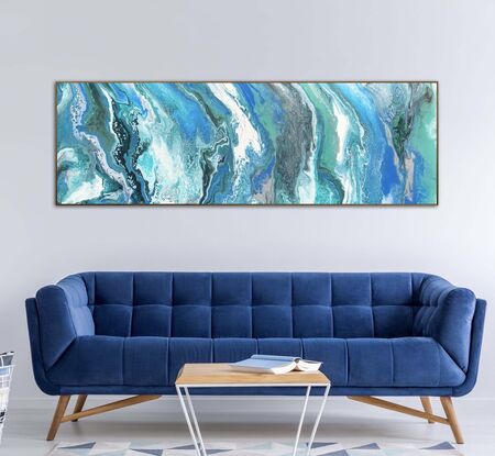 Various hues of blues/jade/white moving across the canvas  representing the dynamic movement of coastal waves through a series of flowing lines. The colours transition smoothly from deep blues to lighter blues and metallic jade creating a sense of depth and motion.