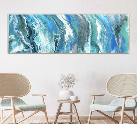 Various hues of blues/jade/white moving across the canvas  representing the dynamic movement of coastal waves through a series of flowing lines. The colours transition smoothly from deep blues to lighter blues and metallic jade creating a sense of depth and motion.