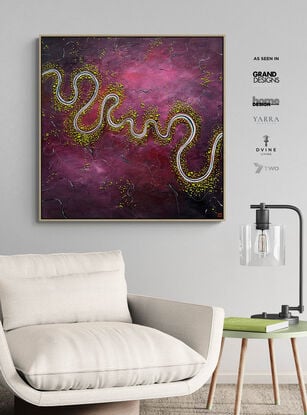 "Last Rays of the Day is a vibrant, textured aerial abstract landscape where a winding river flows horizontally across the canvas. The bold magenta and hot pink tones evoke the warmth of the setting sun, while vibrant lime green trees dot the countryside, offering a striking contrast. 