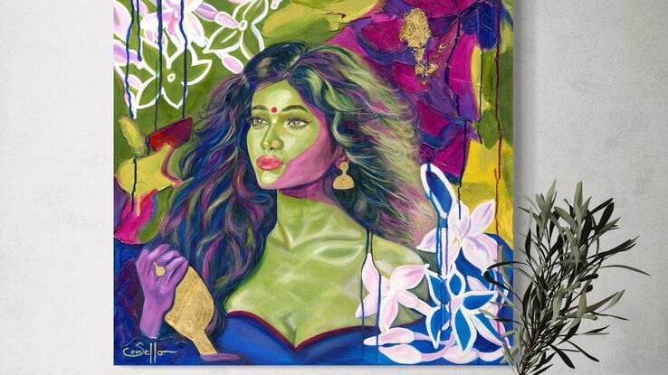 A mesmerizing painting of a serene muse surrounded by vibrant floral motifs, adorned with gold jewelry, gazing contemplatively against a backdrop of lush greens and vivid pinks and purples.