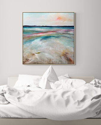 Summer's Kiss is a serene, textured abstract landscape painting that captures the gentle warmth of a summer sunset. Soft, radiant colours fill the sky, blending into the land, where a subtle hint of the sea meets the horizon. 