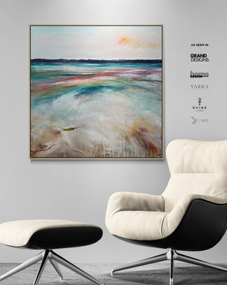 Summer's Kiss is a serene, textured abstract landscape painting that captures the gentle warmth of a summer sunset. Soft, radiant colours fill the sky, blending into the land, where a subtle hint of the sea meets the horizon. 