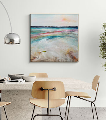 Summer's Kiss is a serene, textured abstract landscape painting that captures the gentle warmth of a summer sunset. Soft, radiant colours fill the sky, blending into the land, where a subtle hint of the sea meets the horizon. 