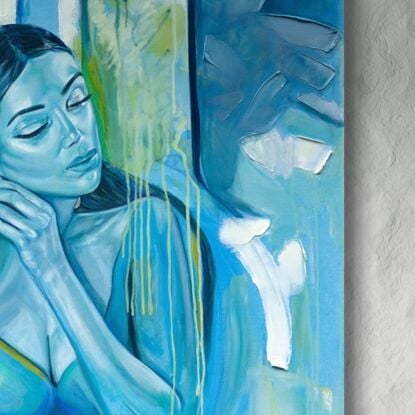 A serene painting of a woman in flowing blue tones, gracefully adjusting a silver earring against a tranquil backdrop of cool greens and blues.