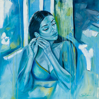 A serene painting of a woman in flowing blue tones, gracefully adjusting a silver earring against a tranquil backdrop of cool greens and blues.