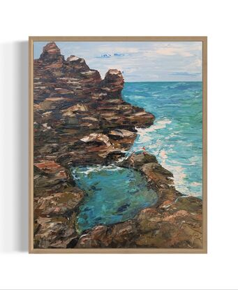 The painting depicts a beautiful seascape with a large rock formation dominating the left side of the canvas. The rock is textured and imposing, with jagged edges and crevices that have been expertly rendered with a palette knife. The rock has a mix of warm and cool tones, with rust-colored earth and grey-blue stone, and a few tufts of green foliage sprouting from its surface.

On the right side of the canvas, there is a wide expanse of deep blue sea, its surface rippling with small waves that catch the light and reflect the sky. The palette knife has been used to create a sense of movement and texture in the water, with thick, swirling strokes of paint that give the impression of currents and eddies.

In the distance, towards the center of the painting, there are two small figures. They are women, their silhouettes blurred and indistinct, as if they are some distance away. One seems to be standing, while the other is seated, perhaps on a rock or on the sand. One of them facing towards the sea, as if lost in contemplation of its vastness. There is a small natural pool in the Center that is deeper blue green in colour giving the impression of stagnant water.

The overall effect of the painting is one of serenity and grandeur, with the rock formation and sea conveying a sense of the power and majesty of nature. The use of the palette knife has given the painting a tactile quality, with the thick layers of paint creating a textured surface that invites the viewer to reach out and touch it.