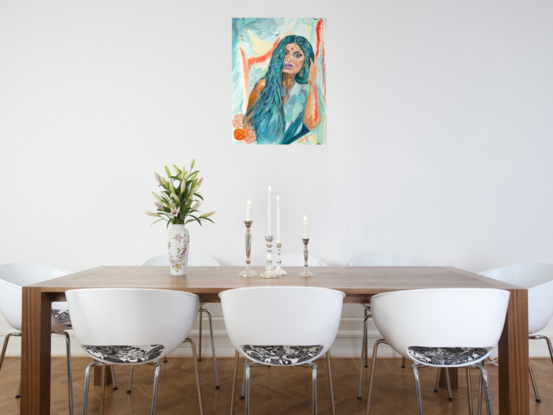 A portrait of a woman with long hair, a red bindi, and vibrant marigolds in a serene, abstract background.