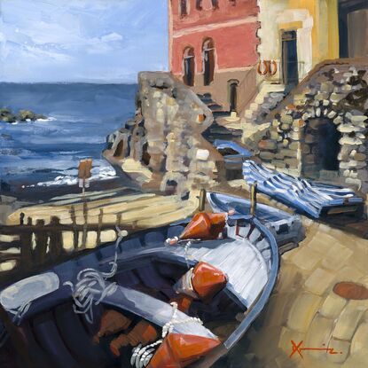 Painting of a fishing boat parked on a ramp in an Italian fishing village with the Ligurian sea in the background.