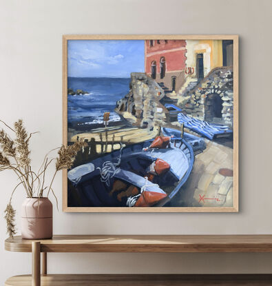 Painting of a fishing boat parked on a ramp in an Italian fishing village with the Ligurian sea in the background.