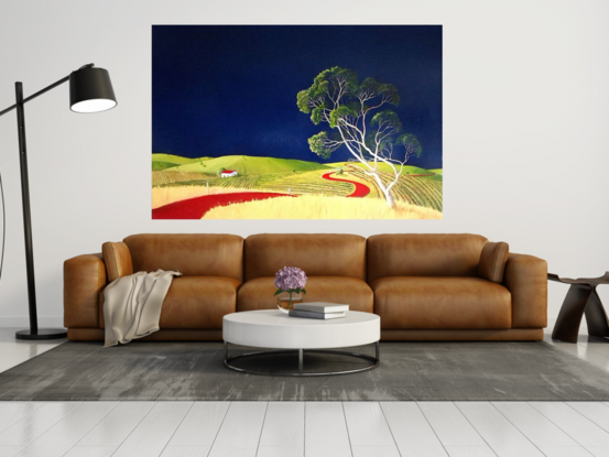 A large statement piece with a deep blue sky, fields of vineyards and a large gum tree in the foreground in greens, blues and a bright red road, Lucinda Leveille, original art, Australian 