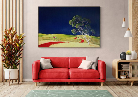 A large statement piece with a deep blue sky, fields of vineyards and a large gum tree in the foreground in greens, blues and a bright red road, Lucinda Leveille, original art, Australian 