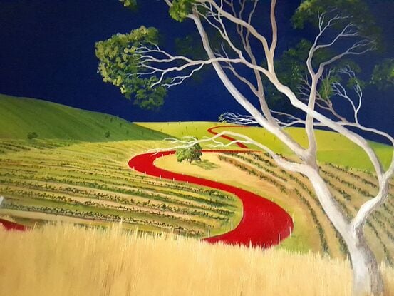 A large statement piece with a deep blue sky, fields of vineyards and a large gum tree in the foreground in greens, blues and a bright red road, Lucinda Leveille, original art, Australian 