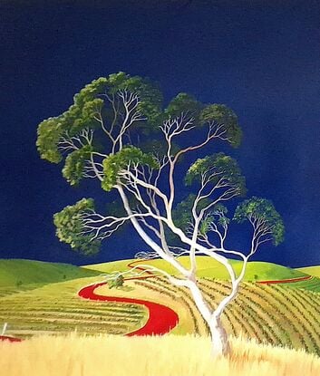 A large statement piece with a deep blue sky, fields of vineyards and a large gum tree in the foreground in greens, blues and a bright red road, Lucinda Leveille, original art, Australian 