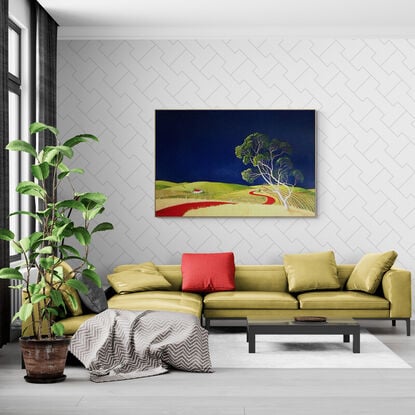 A large statement piece with a deep blue sky, fields of vineyards and a large gum tree in the foreground in greens, blues and a bright red road, Lucinda Leveille, original art, Australian 