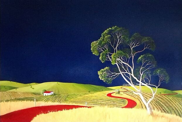 A large statement piece with a deep blue sky, fields of vineyards and a large gum tree in the foreground in greens, blues and a bright red road, Lucinda Leveille, original art, Australian 