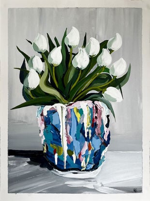 White Tulips in Colourful Vase Painted in Acrylic on Cotton Canvas