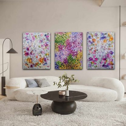 This listing is for a diptych. It's in various shades of pink, purple, green, yellow and grey/ beige.  The light colourful bubbles surrounded by feather-like grey/ beige strokes.